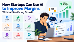 Hero image with a human and friendly AI robot beside a dashboard, illustrating AI boosting startup margins and growth.